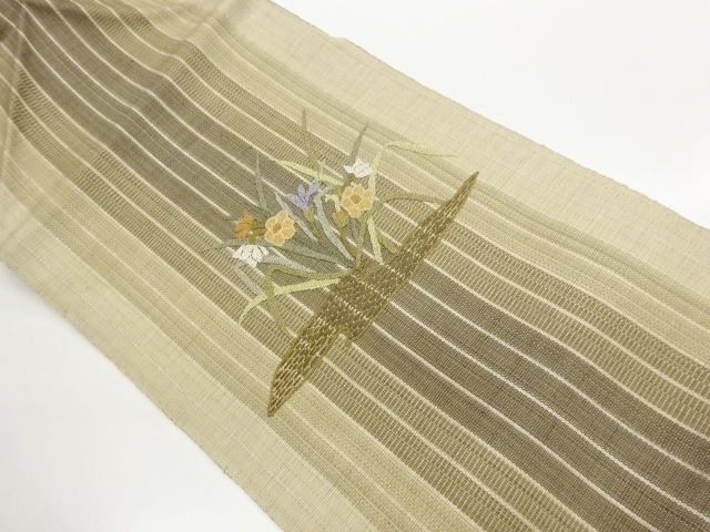 JAPANESE NAGOYA OBI / EMBROIDERY / FLOWER & STRIPE